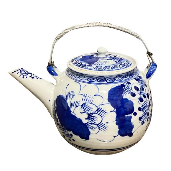 Antique Chinese Teapot Porcelain Hand-Painted Blue White Wrapped Wire Handle - Picture 1 of 7